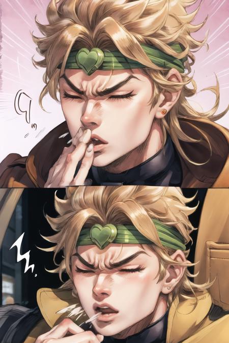 Highly detailed, High Quality, Masterpiece, beautiful, 1boy, FISneezing, closed eyes, blush, sneezing, >_<, <lora:FISneezing:1.2>, dio, jacket, headband,  <lora:Char_Sigmas_Dio:0.9>