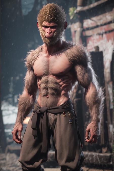 <lora:black_myth_wukong_v1:0.8> wukong \(black myth\),
1boy, solo, male focus, detailed eyes, sharp nails,  black nails, bare foot,
furry chest, nude, pants,
portrait, 
unreal engine, 8k, super detail,