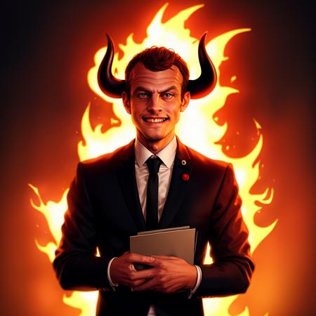 devilish Emmanuel_Macron, (photorealistic), (red skin), devil horn, devil tail, grin, in hell, black folder in hand, fire, shadow, hot steam