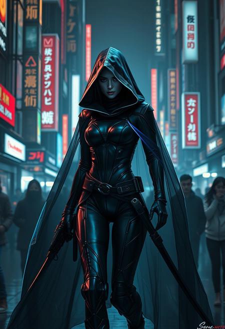 A sleek, deadly figure blending traditional and futuristic cyberpunk aesthetics. Dressed in a tight, black armored bodysuit interwoven with advanced technology, the sexy beautiful woman moves silently, like a shadow. Her face is is hidden within the deep hood of a cloak that flows around her, the cloak is made of a futuristic light bending technology that appears to create a rough transparency, the edges of the cloak are radiating an eerie, faint blue light. her gear includes a traditional samurai wakizashi and a futuristic plasma pistol. The environment is dimly lit, with neon reflections bouncing off the metallic surfaces of a sprawling cyberpunk cityscape at night with people avoiding the figure out of fear,
