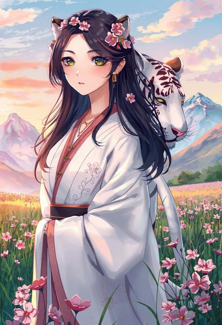 A breathtaking anime-style illustration features a serene young woman standing beside a magnificent white tiger. The woman, with her dark hair adorned with delicate pink and orange blossoms and intricate gold accessories, wears an elegant white kimono with subtle floral patterns and black accents, suggesting a traditional or fantasy setting. Her gaze is gentle yet direct, conveying a sense of quiet strength and connection with the majestic animal. The white tiger, with piercing golden eyes and striking black stripes, stands tall and protective behind her, its presence powerful yet calm. They are situated in a vibrant field of green grasses and blossoming pink and purple flowers, under a soft, diffused sky with hints of a warm sunset or sunrise. In the background, majestic, snow-capped mountains rise, hinting at a vast and beautiful natural landscape. The overall atmosphere is one of harmony, beauty, and a mystical bond between nature, human, and beast.