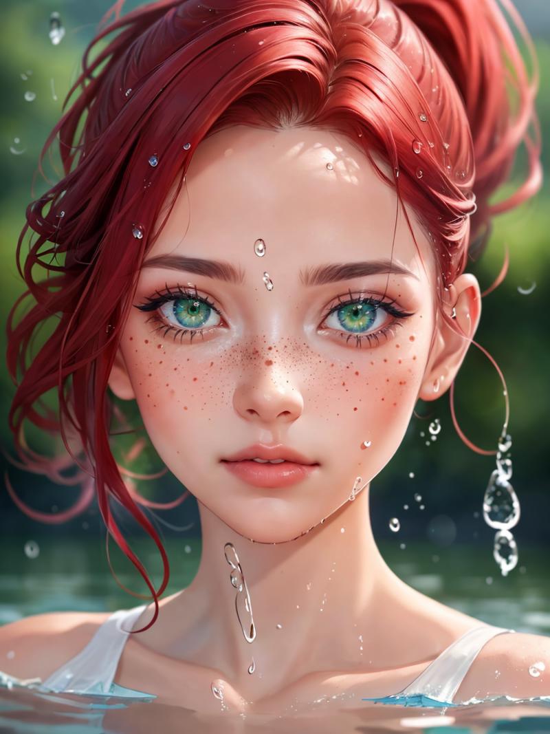 A beautiful computer generated woman with red hair and green eyes.
