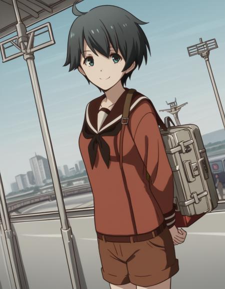 mogami, short hair, black hair, black eyes, mogami (kancolle) school uniform, shorts, serafuku,