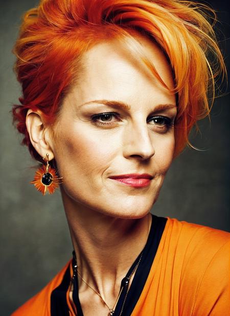 portrait of sks woman by Flora Borsi, style by Flora Borsi, bold, bright colours, orange Mohawk haircut, ((Flora Borsi)), <lora:locon_helenhunt_v1_from_v1_64_32:1.4>