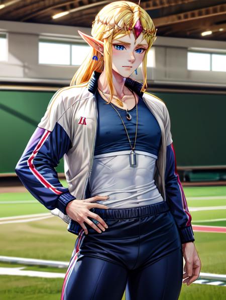 best quality, masterpiece, highres, detailed, perfect anatomy,  <lora:Detail - more_details:0.2>, PETeacherCh, <lyco:PEteacher-10:0.8>, 1man, school, sports jacket, open jacket, white shirt, whistle around neck, track pants, ZeldaHW, blonde hair, pointy ears,  <lora:Character - ZeldaHW:1>, blue eyes,