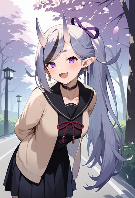 aamikoto, low twintails, streaked hair, hair ornament, horns, hair between eyes, purple eyes, fang, mole under mouth, breasts, black choker, o-ring, fur trim, cleavage, purple kimono, wide sleeves, sleeves past wrists, obi, thigh strap aamikoto, long hair, ponytail, hair ribbon, streaked hair, swept bangs, horns, mole under mouth, earrings, purple eyes, fang, breasts, black choker, black serafuku, black sailor collar, black shirt, brown cardigan, long sleeves, black skirt aamikoto, long hair, straight hair, streaked hair, horns, black hairband, blunt bangs, earrings, purple eyes, mole under mouth, breasts, bare shoulders, see-through, cleavage, short dress, black dress, sleeveless, black gloves aamikoto, long hair, single side bun, streaked hair, swept bangs, horns, purple eyes, fang, mole under mouth, breasts, black choker, sleeveless hoodie, white hoodie, off shoulder, black jacket, open jacket, long sleeves, thigh strap