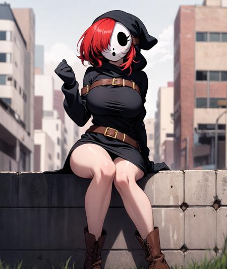 toon (style), solo focus, foreground focus, 1girl, dress, hood, mask, hollow eyes, hood up, black dress, brown belt, thighs, white boots, red hair, hair over one eye sleeves past fingers, sleeves past wrists, large breasts, (breast rest, elbow rest)