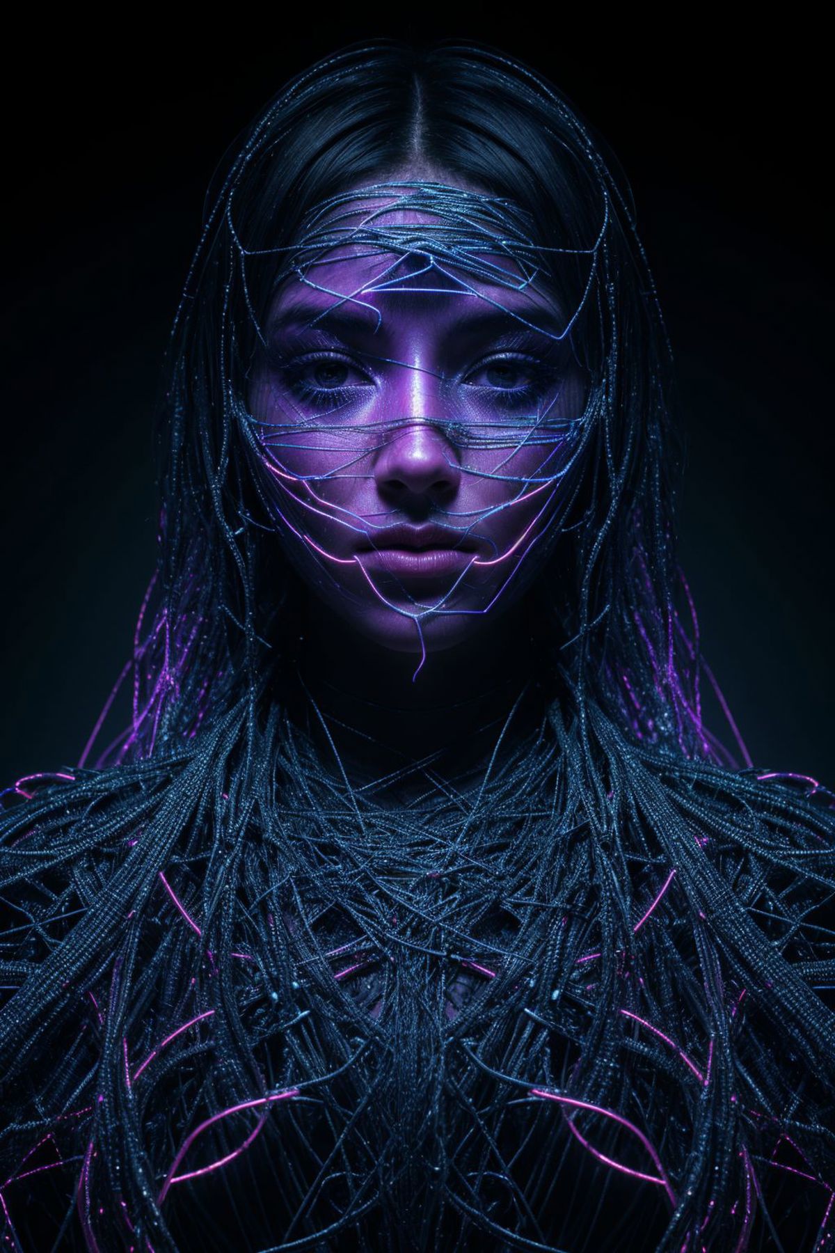 A detailed purple and black image of a woman with a wired face mask.