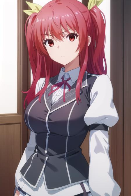 stellavermillion, <lora:stella vermillion s1-lora-nochekaiser:1>,
stella vermillion, long hair, (red eyes:1.3), ribbon, twintails, hair ribbon, red hair, angry, frown,
BREAK skirt, long sleeves, school uniform, juliet sleeves, blazer, black blazer, ribbon, red ribbon, choker, white sleeves, sleeveless blazer, (puffy sleeves:1.2),
BREAK indoors, classroom,
BREAK looking at viewer, (cowboy shot:1.5),
BREAK <lyco:GoodHands-beta2:1>, (masterpiece:1.2), best quality, high resolution, unity 8k wallpaper, (illustration:0.8), (beautiful detailed eyes:1.6), extremely detailed face, perfect lighting, extremely detailed CG, (perfect hands, perfect anatomy),