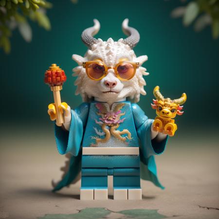 Half a dragon, a Chinese dragon, youthful and immortal, with pearl like scales, gorgeous colors, cute and quirky style, exquisite bear, majestic horns, wearing-green Chinese Hanfu, paired with round sunglasses, rich and colorful, full of youthful Natural, ultra-high, color-angle, stunning, film photography,   <lora:lego1.5v1:1>Lego minifigure