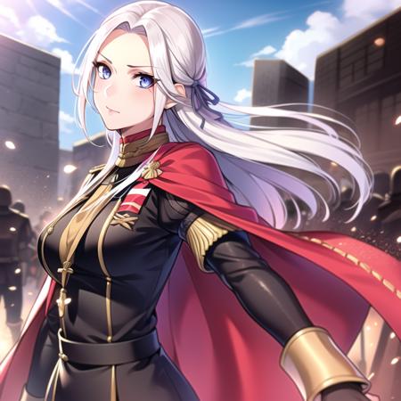 1girl, highres, masterpiece, full body, solo, anime, absurdres, detailed face, perfect eyes, edelgard von hresvelg, upper body, garreg mach monastery uniform, battlefield, banner, battle