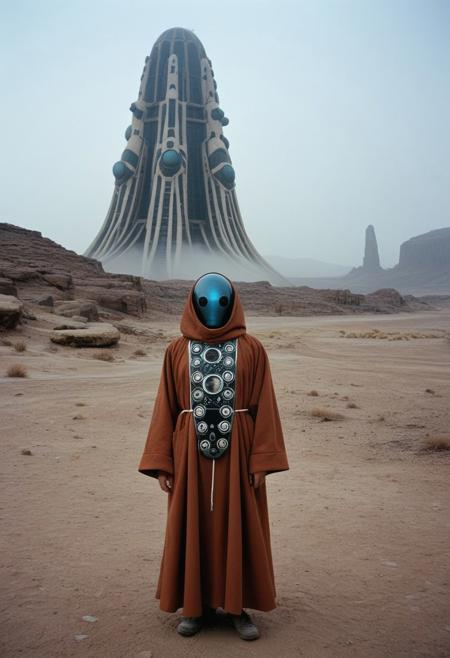 Colour film 35mm 1976, rule of thirds, right, down, monster:0.5 (close-up, portrait of bizarre robotic organism in robe, dark dystopian desert landscape), a giant futuristic building in rock city in the background, liminal space, fog