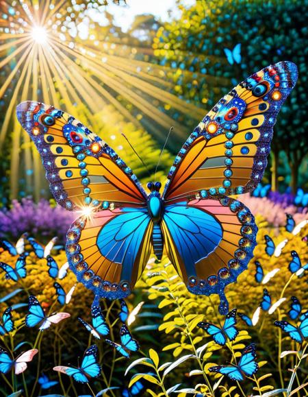 (mechanical garden:1.3), (fluttering AI butterflies:1.5), metallic flowers blooming, soft rays of sunset, hopeful springtime tone, colorful nanobot wings, (symbiosis between nature and tech:1.4), warm depth of field, cinematic bokeh, butterflyStyle, <lora:butterflyStyle-000008:0.75> <lora:Challenge_Winnifier_2025-05:0.75>