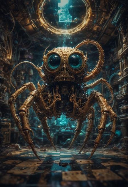 fisheye lens (fisheye view) photograph, ((The Pincer is a tough, positional chess player who will squeeze you over the board until you resign, it's ELO is reported as 2.50777%, it looks similar to a (whipScorpion) mechanical alien,)) echo image, sidelit, masterpiece from a different dimension, film grain, noise offset,  <lora:add-detail-xl:1>  candid photography, Getty Images quality photograph , double exposure, multiple-exposure photograph, UHD, very slow shutter speed to capture motion, experimental coloured lighting, experimental angles, strong fisheye-lens/ intense fisheye-view photograph, intricately detailed, very detailed background, realisticvision-negative-embedding, realisticvision-negative-embedding, epiCRealism