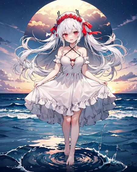 vampirewedding, 1girl,, solo,, large breasts,,<lora:VampireWedding:1>,
sundress, water,standing on liquid, reflection, sunset, sea,barefoot, ((white_Dress)),