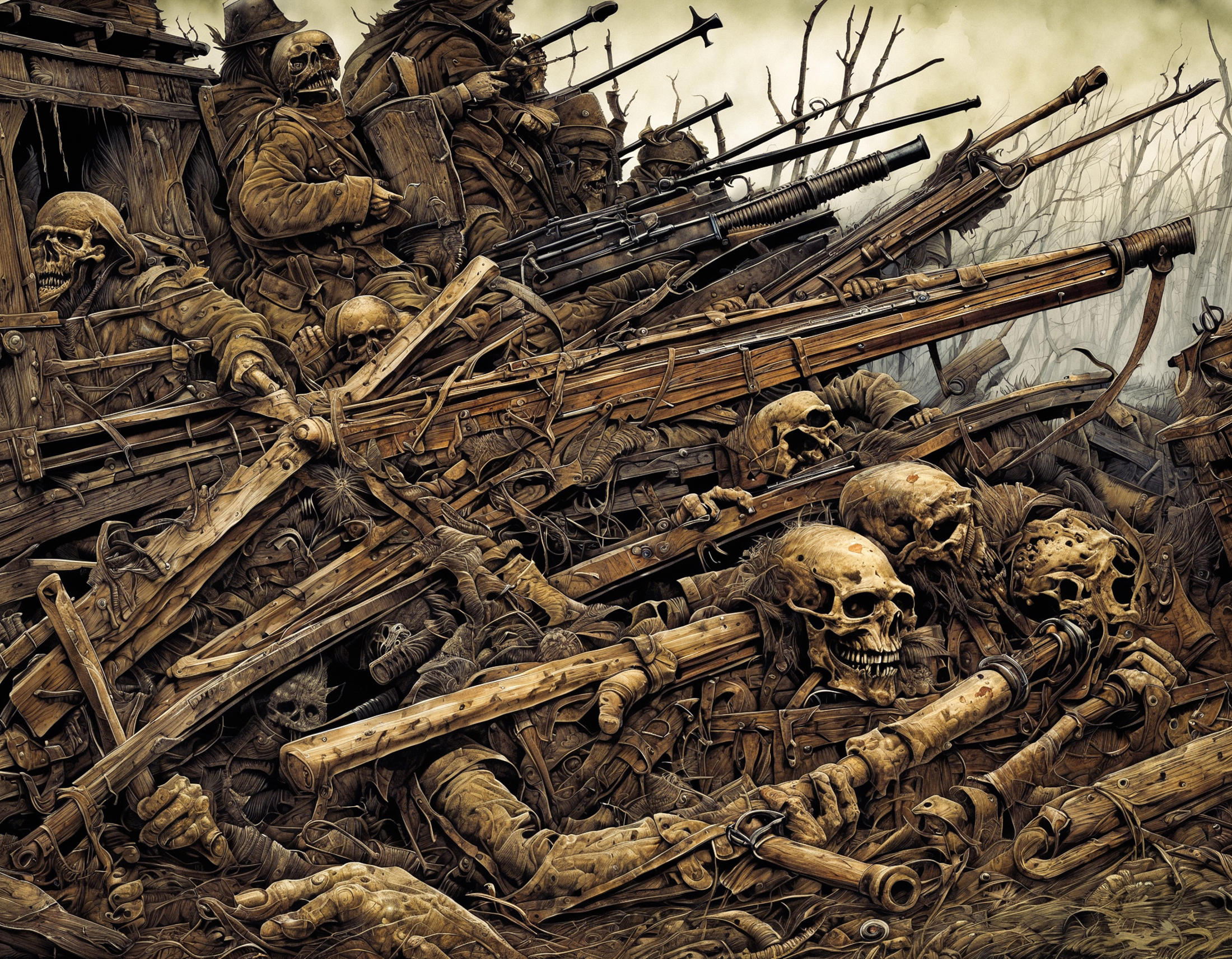 A pile of guns and skulls in a dirt field.