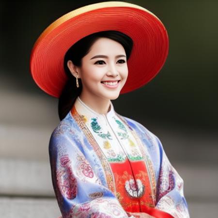 a photograph of a young Vietnamese girl, nhatbinh, mldt face , young, smiling, red wide-brimmed hat, stand in a flower forest, in front  of a huge ancient temple, beautiful woman, gorgeous  woman face, detailed gorgeous face, full body, confident pose, confident, female, model, woman, god rays, intricate, elegant, seductive, realistic, hyperrealistic, character design, concept art, highly detailed, illustration, ultra sharp, digital art, digital painting, highly detailed,  concert lighting, grainy, realistic, unreal engine, octane render, bokeh, vray, houdini render, quixel megascans, depth of field, arnold render, 8k uhd, raytracing, cgi, lumen reflections, cgsociety, ultra realistic, volumetric fog, overglaze, analog photo, polaroid, 100mm, film photography, dslr, cinema4d, studio quality.