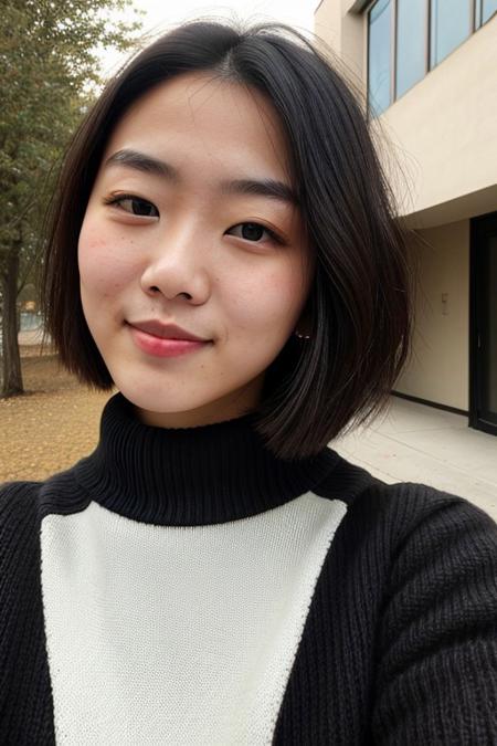 instagram photo, closeup face photo of 23 y.o Chloe in black sweater, cleavage, pale skin, (smile:0.4), hard shadows,She has short black hair, dark eyes, and a great body with large breasts,tight t-shirt.