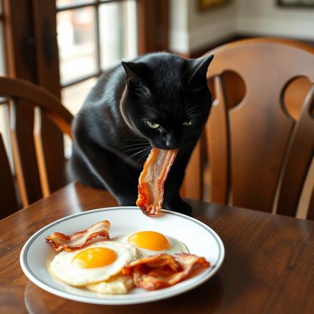 a solid black american shorthair cat is on a chair at a heavy oak table, stealing bacon off of a plate of bacon and eggs
