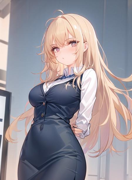 1girl,masterclass,best quality,office lady,medium breasts,  arms behind back, blonde hair, outdoors,city,pencil skirt, blue shirt,eyelashes,     <lora:Kincora_V2U_e8:1>,