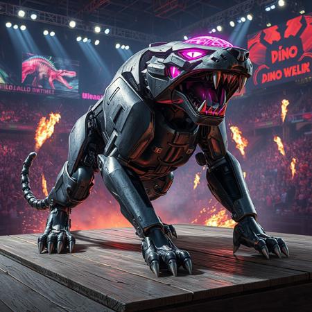 "A futuristic robot-like Advanced Crystal Beast Topaz Tiger, with a sleek gray metallic body, glowing pink head, and jet-black limbs, stands menacingly on a weathered wooden platform. Its sharp metallic teeth gleam under dramatic cinematic lighting, contrasting with the chaotic World Dino Wrestling arena backdrop—a vibrant mix of neon holograms, roaring dinosaur robots, and laser-lit crowds. Stylized with hyper-detailed textures: scratched armor, glowing circuit patterns on the pink head, and matte-black hydraulic joints. Rendered in Unreal Engine 5 realism, Octane Render gloss, and dynamic Dutch angle composition. Color palette: monochrome steel, electric pink highlights, and fiery orange explosions in the background. Inspired by Pacific Rim mecha designs and retro toy advertisements, with bold shadows, volumetric fog, and splatter-effect energy sparks. Trending on ArtStation, 8K HDR, golden ratio framing. The tiger’s pose exudes power: legs spread, claws extended, as if ready to pounce. Matte painting depth blends 3D CGI and comic-book ink outlines, emphasizing its role as a collectible toy centerpiece. Tags: sci-fi beast, high-contrast, mecha-wrestling, promotional key art."