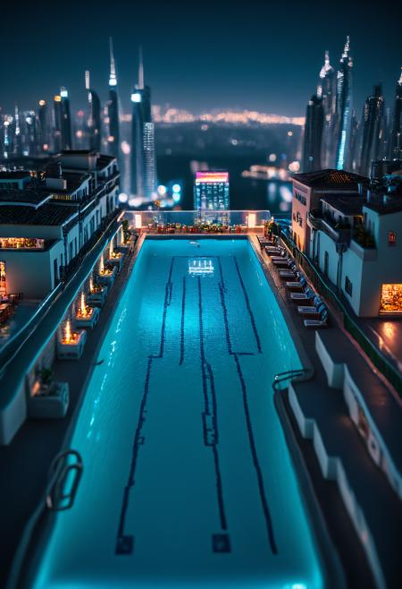 Tilt-shift photo of <lora:Alesso Baldovinetti CLIP:1>,Alesso Baldovinetti,, city street,street,street photography,<lora:Beeple_scenery:1>,Beeple,scenery,a large swimming pool in a room with a view of the city at night time,, <lora:Metroplex Base:0.4>,a city scnery,, <lora:LetThereBeLight:0.3>,Beeple,lighting, . Selective focus, miniature effect, blurred background, highly detailed, vibrant, perspective control