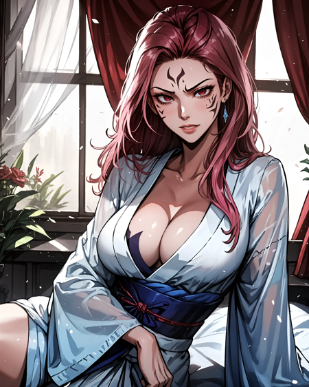 SukunaFem 1girl, long hair, pink hair, red eyes, tattoo, large breasts, facial marks white kimono