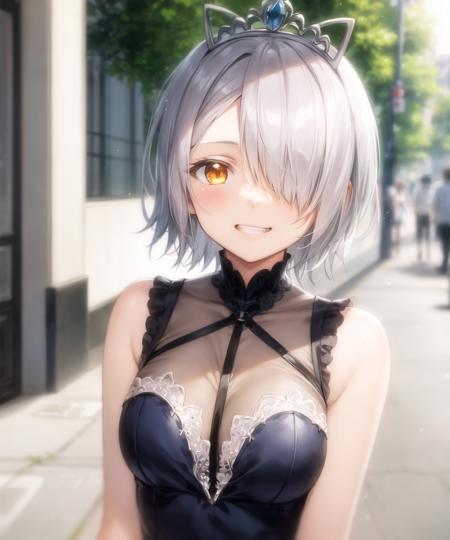 masterpiece, best quality, <lora:CharWestia768V1:0.7>, 1girl, charwestia, short hair, white hair, hair over one eye, yellow eyes, upper body, tiara, blue dress, sleeveless dress, street, grin