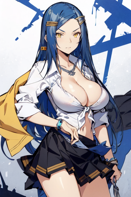 KagamiinKyouka, Blue hair, long hair, yellow eyes, hairclip, necklace, white shirt, cleavage, big breasts, short skirt, black skirt, school uniform 