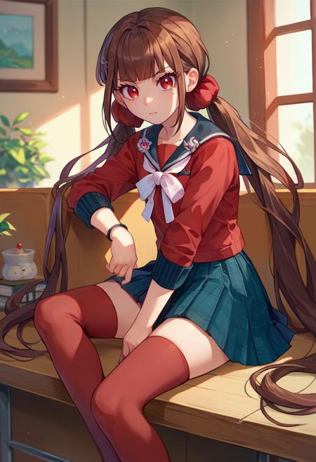 Harumaki, 1girl, low twintails, red eyes, brown hair, mole under eye, hairclip, red shirt, brooch, pleated skirt, white bow, red thighhighs, red scrunchie, boots