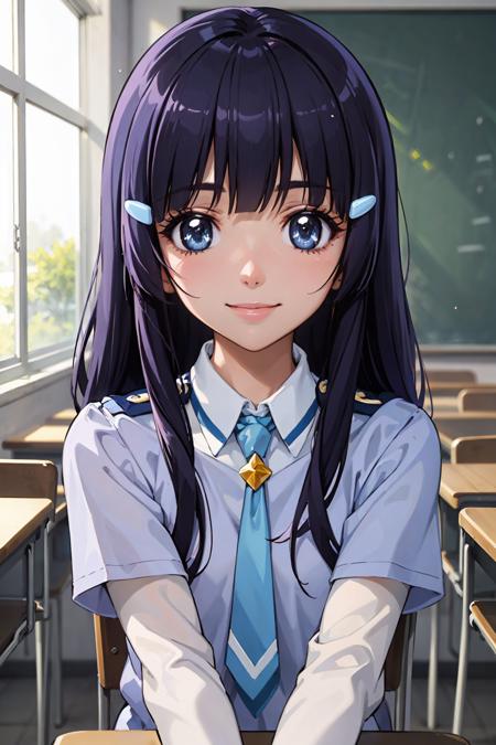 (best quality:1.1), (masterpiece:1.4), portrait, aoki reika, hair ornament, hime cut, blue hair, long hair, blue eyes, small breasts, school uniform, necktie, indoors, classroom, looking at viewer, smile,
<lora:Kizuki - Smile Pretty Cure! Aoki Reika:0.9>