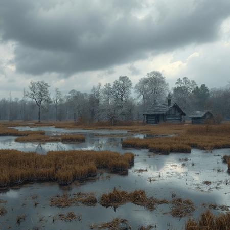 8k, source_photo, source_real, traditional media, amateur, real life photo, broad swamp and marsh, clumps of woodland, abandoned hut, dungeons and dragons, medieval