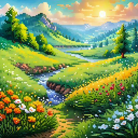 <lora:pixel_stormXL:1>,pixel art,
(highly detailed), ((masterpiece)),(Impasto), intricate, digital painting,shadow ,landscapes ,(spring:1.2), fantasy,(firefly) ,(negative space:0.6),delicate grassland ,(river:1.3),(flowers1.2),lights,clear sky ,wind ,beautiful sky ,cumulus ,(sunrise), sunlight