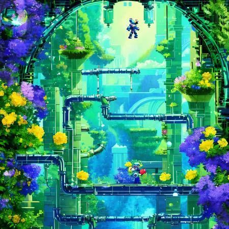 A sidescroller game, Megaman, Castlevania, pixelart, cyber forest, sunny, spring, pipes, platformer, sidescroller, blue and green, some yellow flowers,