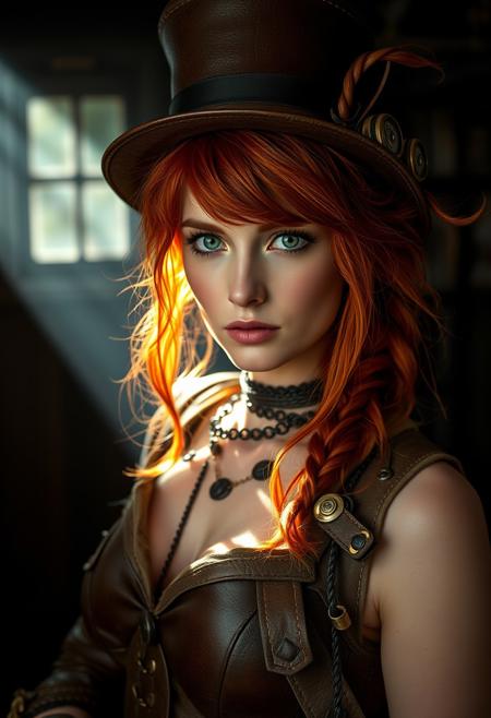 A high-resolution photograph of a scene with a beautiful redhead steampunk woman wearing worn and tattered brown leather with shiny copper accessories. Dynamic lighting, dark scene, full length, detailed, perfect skin, perfect green eyes, wild red hair, fancy hat, backlit