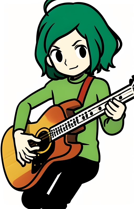 1boy, green shirt, black pants, red shoes, guitar, holding instrument, green hair, short hair, white sleeves, long sleeves...