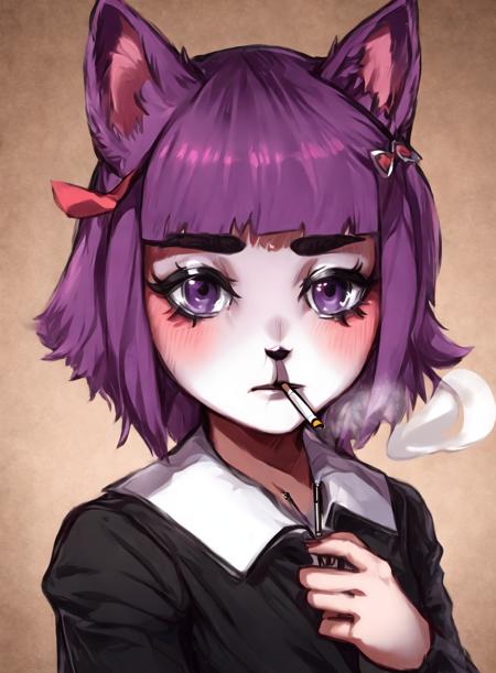 realistic photo of a masunya,anthro, ashtray, black clothing, black nose, bow (feature), bow accessory, bow ribbon, cigarette, clothing, female, fur, hair, hair accessory, hair bow, hair ribbon, looking at viewer, makeup, mascara, multicolored body, multicolored fur, purple body, purple eyes, purple fur, purple hair, ribbons, sad, simple background, smoking, solo, white body, white fur, domestic cat, felid, feline, felis, mammal, masunya, by Jeremy Lipking, by William Bouguereau, (by Alphonse Mucha:0.5),  by koohiitei shinbo     <lora:my_LoRA_koohiiteishinbo_v1:0.65>   <lora:my_LoRA_masunya_v2:0.6>