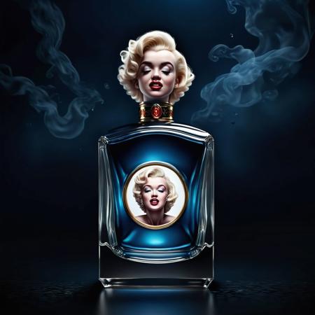 Ultra realistic full body color pencil drawn portrait of  
a tiny Marilyn Monroe inside a perfume bottle.
BREAK
Deep dark intense midnight blue  misty background,
Dark theme, dynamic lighting, (soft shadows), (soft focus),  (photo realistic), uhd, 8k