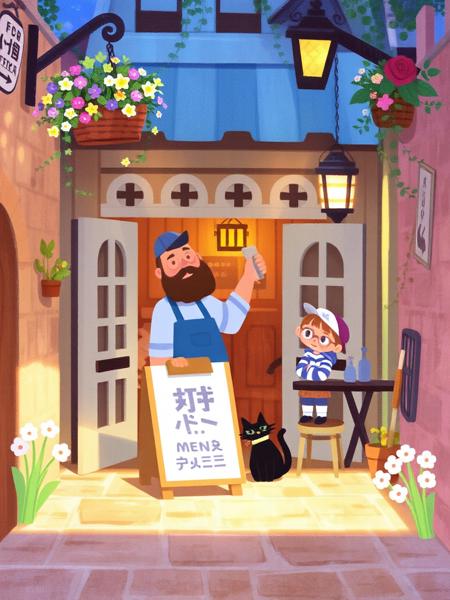 AMELICART. masterpiece, best quality,high detailed. This vibrant illustration depicts a cozy, fantasy-themed outdoor café with warm, soft lighting and pastel colors. A bearded man in a blue apron and cap serves a young, bespectacled customer wearing a hat, glasses, and striped hoodie. The café is adorned with flower baskets, a lantern, and small, arched windows. A black cat sits nearby. A sign menu stands in front, offering options in a handwritten script. The stone-paved alley enhances the charming, rustic ambiance, with gentle shadows and inviting floral accents.