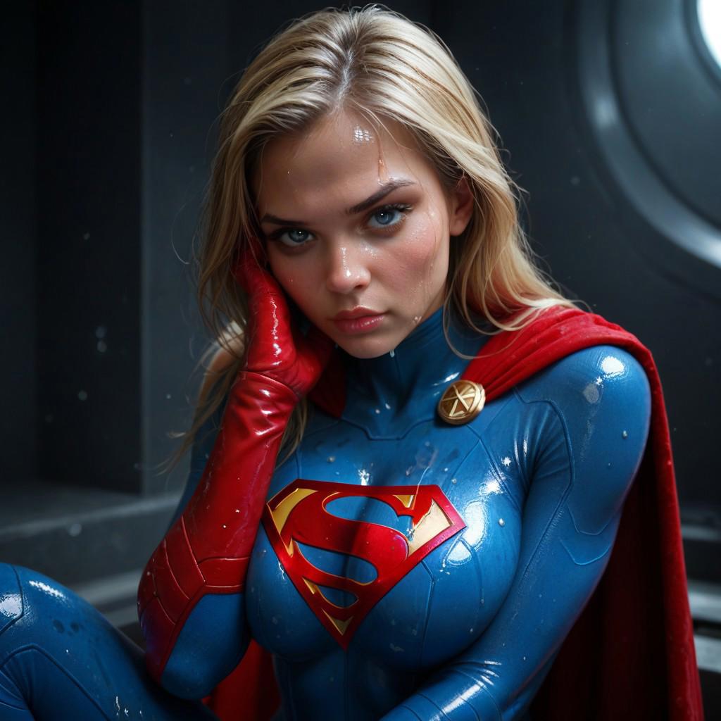 score_9, score_8_up, score_7_up, score_6_up, score_5_up, score_4_up; 18YO, (1girl), beautiful cute SuperGirl babe, looking at viewer, cute, shy, annoyed sulky pout, full lips, blonde hair, (wet shiny skin) large breasts, (seductive, sexy, in heat :1.4), (sci-fi, dc comics :1.3), (detailed perfect eyes, expressive blue eyes,) (blue body suit, S (symbol), red cape, red gloves, red boots)