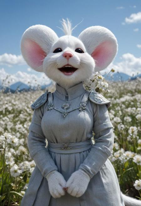 Closeup portrait. face closeup, 3d depth of field Simulation, closeup portrait of an fluffy high detailed white/grey furry busty slender diddl mouse fighter, high collar linen hanfu, translucent force auro, meditation stance, matrix feudal dojo trainings simulation in flower field under Blue sky, realistic, depth of lenticular, dramatic, bold lines async, deep blacks, illuminated from behind, holy Aura, Long dense grown river