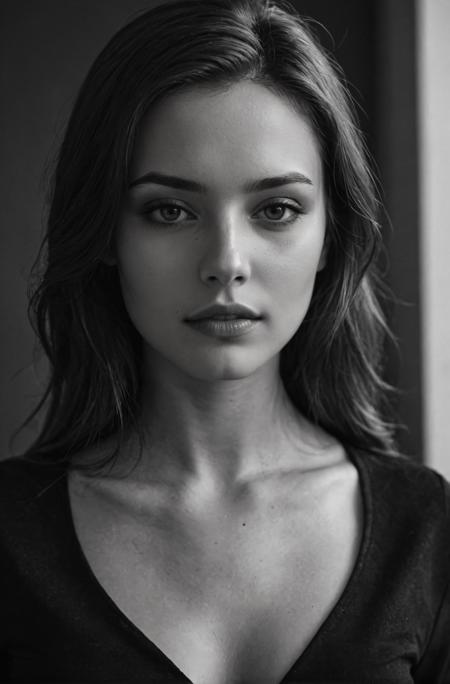 1girl, beautiful, smooth skin, greyscale, noir, black clothes, portrait