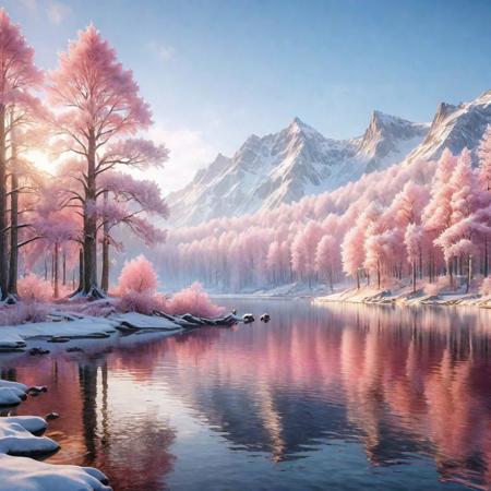 unreal engine 5 render, stylesqueeze_v2xl Winter scenery with a lake,  forest on the lakeside, in winter dawn, sunrise hues reflecting on the trees,  pink pastels, (realistic, best quality, high res, highly detailed), snowy landscape, (realistic), enchanting, big trees, looking out of the forest at the lake, rich in colour, deep contrast