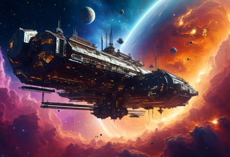 A digital artwork, a floating colossal space Station seen in bits, surrounded in a vast space nebula, eerie atmosphere