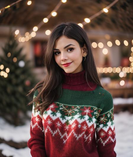 photo of v1cj7 , RAW, Christmas environment, Spectacular light, Christmas decorations, Festive, Christmas sweater Turtleneck, Colorful flowering, 8k, soft lighting, high quality, film grain, Olympus OM1 sharp focus, f 3.4, (eyeliner), (seductive pose), breast, Christmas theme, upper body, smile