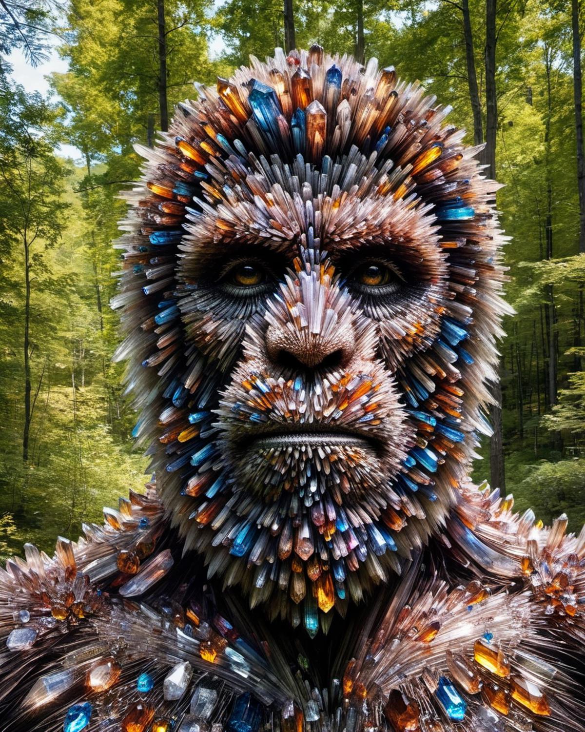 A monkey sculpture made out of soda cans in the forest.