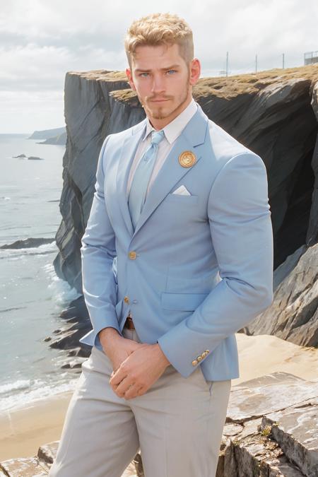 photo of nicholas_james <lora:nicholas_james-16:0.8> with facial hair dressed wearing a light blue Ralph Lauren suit and white button up, posing on a Scottish highland cliff, lapel pin, ocean in the background, natural lighting, golden hour, cloudy, rugged background