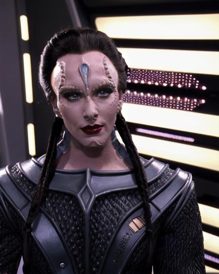 cardassian, female, vetarofficer, pretty, (25 years old:1.2), grey skin, updo plaits hair, reptile scales on sides of neck, wearing eyeshadow, wearing lipstick, perfecteyes eyes, wearing cardassian military uniform, facing viewer, cameron, (front view:1.2), 1girl, solo, medium shot, sci-fi city background, perfect lighting, <lora:cardassian_lora_v2:0.7>,  <lora:locon_perfecteyes_v1_from_v1_64_32:0.2>