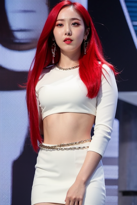 sinb, 1girl, solo, long hair, looking at viewer, skirt, shirt, jewelry, white shirt, red hair, earrings, parted lips, midriff, crop top, parted bangs, grey eyes, chain, white skirt, realistic