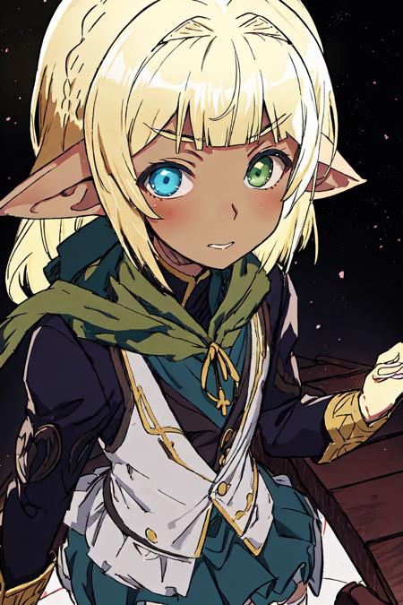 highres, sharp focus, pixiv masterpiece, ((intricate details)), highly detailed, 1boy, mare_overlord, <lora:Mare_Overlord:0.8>, otoko no ko, pointy ears, heterochromia, blond hair, blue eyes, green eyes, dark skin, skirt, zettai ryouiki, crossdressing,   <lora:thickline_fp16:1>